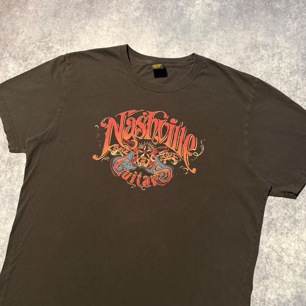 Lucky Brand Mens‎ T Shirt XL Nashville Guitars Graphic Print Short Sleeve Brown